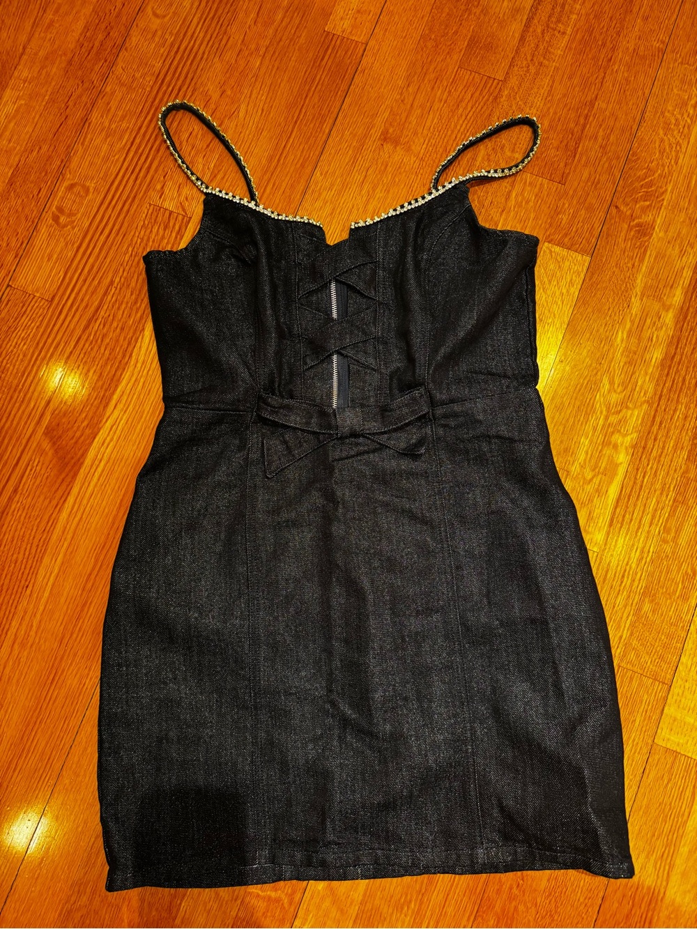 Black Denim Strappy Mini Dress - Crystal Rhinestone - BeBe dress size 12